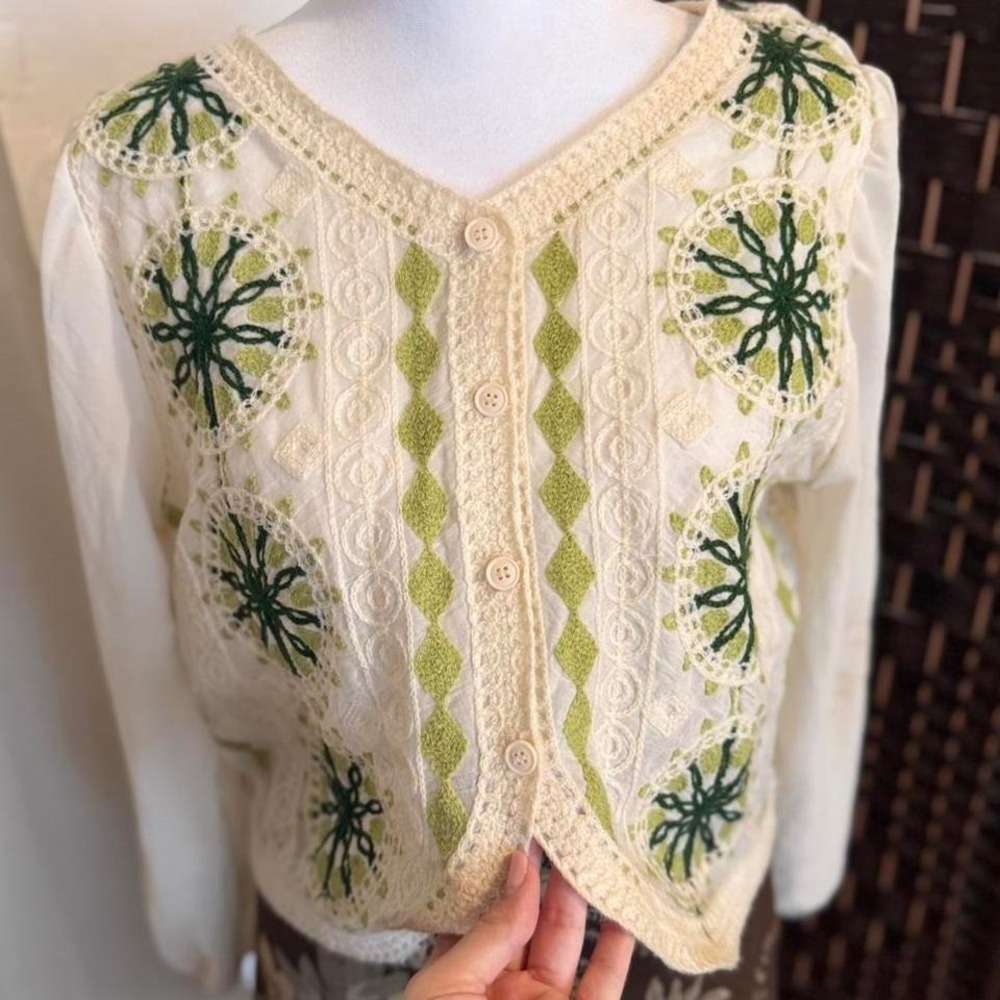Women's Green and Cream Vintage Cardigan Top with Floral Embroidery - Picture 2 of 5